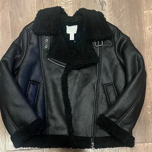 H&M Shearling Black Leather Jacket with Shearling Trim